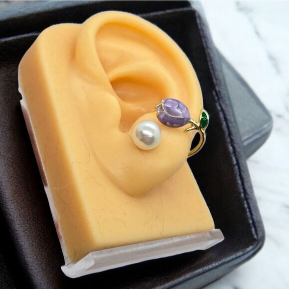 Purple Tulip Pearl Ear Jackets Wrap Earrings Wedding Bridal Bride Formal Jewelry - Picture 8 of 8